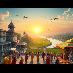 A vibrant scene depicting the essence of Bihar, capturing traditional architecture, lush green fields, and the Ganges river flowing gently