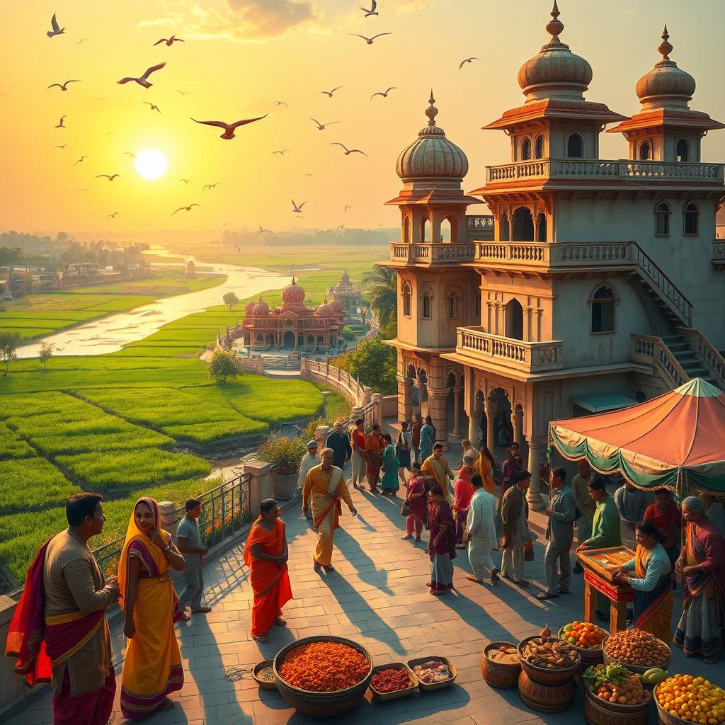 A vibrant scene depicting the essence of Bihar, capturing traditional architecture, lush green fields, and the Ganges river flowing gently