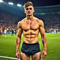 A young male footballer, aged 21, standing on a football pitch after an intense match