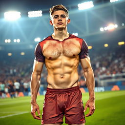 A young male footballer, aged 21, standing on a football pitch after an intense match