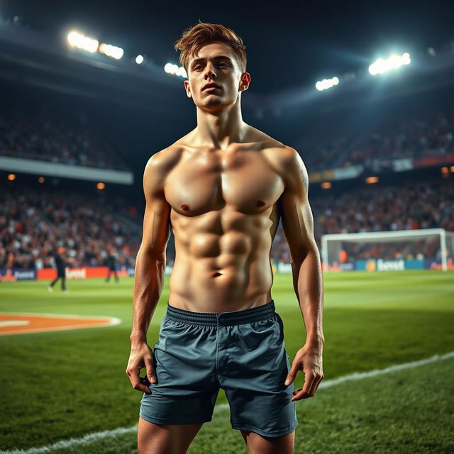 A young male footballer, aged 21, standing on a football pitch after an intense match