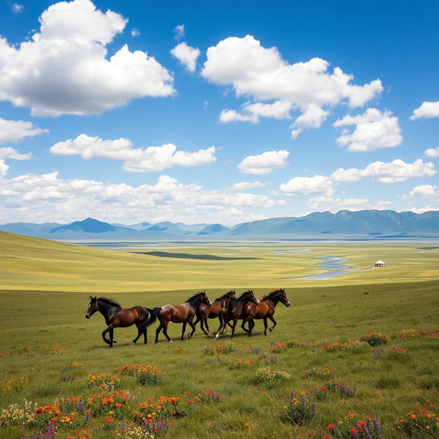 A breathtaking Mongolian landscape featuring vast, rolling steppes under a clear blue sky, dotted with vibrant green grass, colorful wildflowers, and majestic mountains in the background