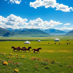 A breathtaking Mongolian landscape featuring vast, rolling steppes under a clear blue sky, dotted with vibrant green grass, colorful wildflowers, and majestic mountains in the background