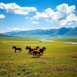 A breathtaking Mongolian landscape featuring vast, rolling steppes under a clear blue sky, dotted with vibrant green grass, colorful wildflowers, and majestic mountains in the background