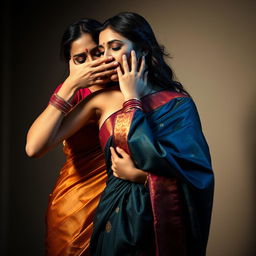 A striking image of a sexy woman in a luxurious saree, engaging in a dramatic moment as she smothers another woman from behind