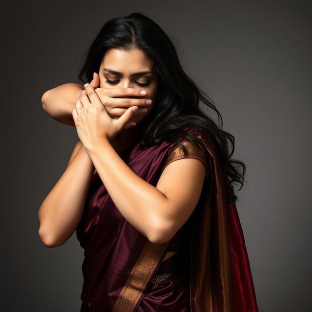 A striking image of a sexy woman in a luxurious saree, engaging in a dramatic moment as she smothers another woman from behind