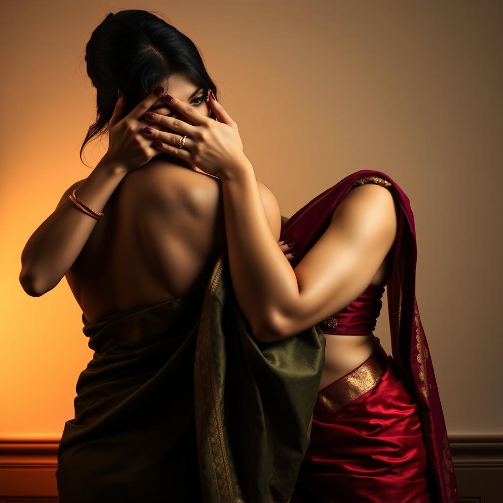 A striking image of a sexy woman in a luxurious saree, engaging in a dramatic moment as she smothers another woman from behind