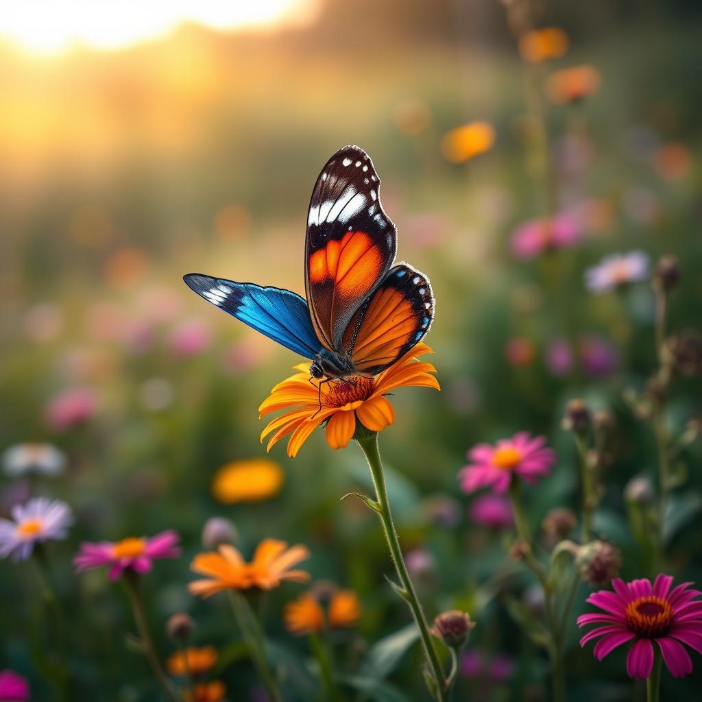 A stunning, realistic photograph of a butterfly perched delicately on a vibrant flower in a lush natural setting