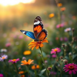 A stunning, realistic photograph of a butterfly perched delicately on a vibrant flower in a lush natural setting