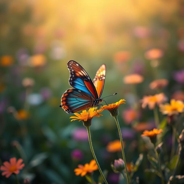 A stunning, realistic photograph of a butterfly perched delicately on a vibrant flower in a lush natural setting