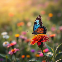 A stunning, realistic photograph of a butterfly perched delicately on a vibrant flower in a lush natural setting