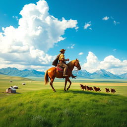 A stunning representation of Mongolian nature, showcasing vast green steppes under a bright blue sky with fluffy white clouds