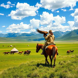 A stunning representation of Mongolian nature, showcasing vast green steppes under a bright blue sky with fluffy white clouds