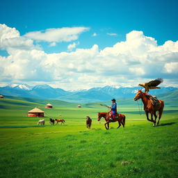 A stunning representation of Mongolian nature, showcasing vast green steppes under a bright blue sky with fluffy white clouds