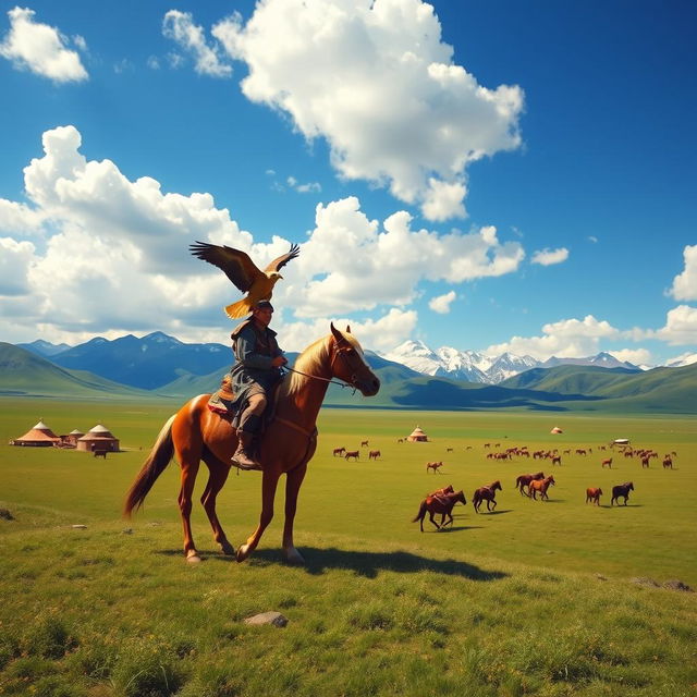 A stunning representation of Mongolian nature, showcasing vast green steppes under a bright blue sky with fluffy white clouds