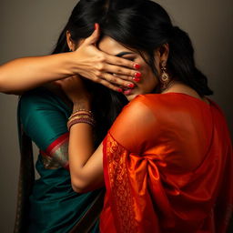 An intense and alluring image featuring a sexy woman in a beautifully draped saree, skillfully smothering another saree-wearing woman from behind