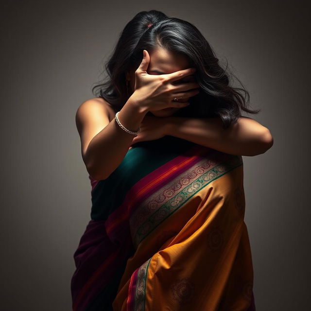 An intense and alluring image featuring a sexy woman in a beautifully draped saree, skillfully smothering another saree-wearing woman from behind