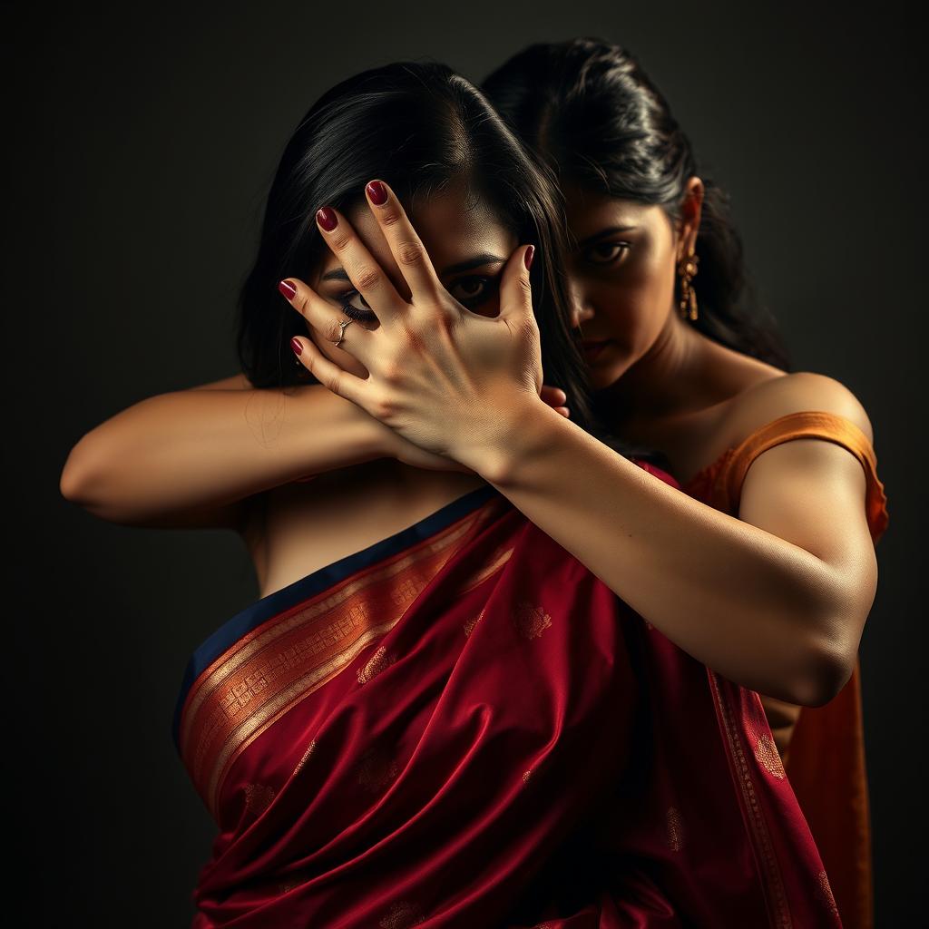 An intense and alluring image featuring a sexy woman in a beautifully draped saree, skillfully smothering another saree-wearing woman from behind