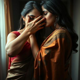 An intense and alluring image featuring a sexy woman in a beautifully draped saree, skillfully smothering another saree-wearing woman from behind