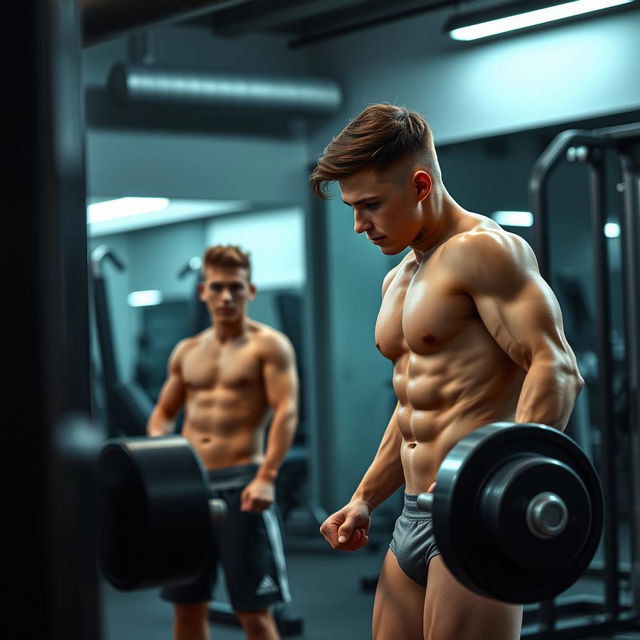 A young, attractive man aged 21 is in a gym, engaged in training with weights