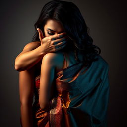 An intense and alluring scene featuring a sexy woman in a beautifully designed saree, smothering another saree-clad woman from behind