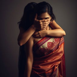 An intense and alluring scene featuring a sexy woman in a beautifully designed saree, smothering another saree-clad woman from behind