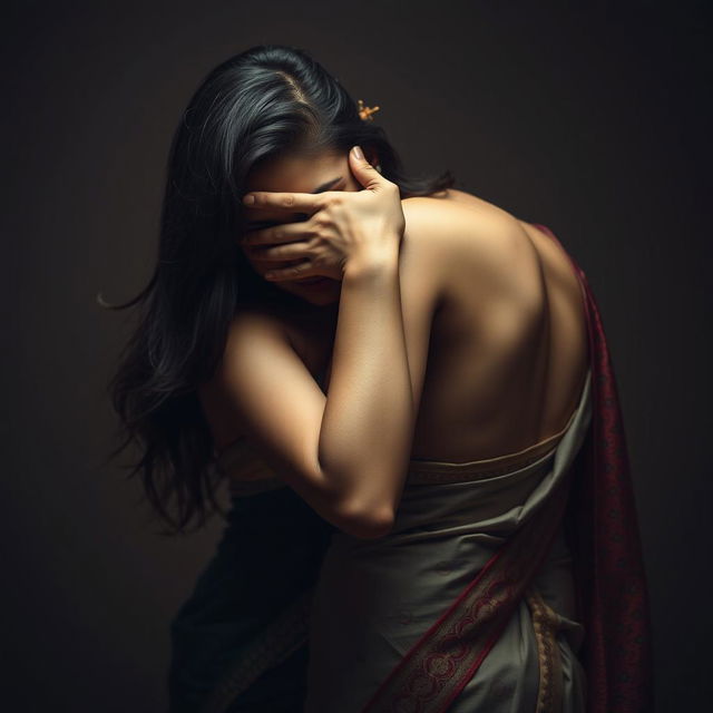 An intense and alluring scene featuring a sexy woman in a beautifully designed saree, smothering another saree-clad woman from behind
