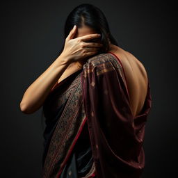 An intense and alluring scene featuring a sexy woman in a beautifully designed saree, smothering another saree-clad woman from behind