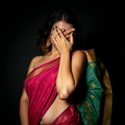 An evocative and sensual scene featuring a sexy woman clad in a beautifully designed saree, her hand strategically smothering another saree-clad woman from behind
