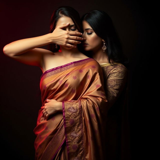 An evocative and sensual scene featuring a sexy woman clad in a beautifully designed saree, her hand strategically smothering another saree-clad woman from behind