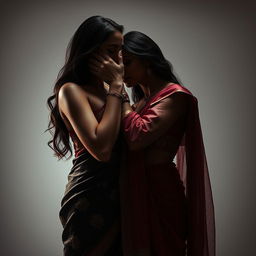 An evocative and sensual scene featuring a sexy woman clad in a beautifully designed saree, her hand strategically smothering another saree-clad woman from behind