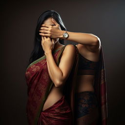 An evocative and sensual scene featuring a sexy woman clad in a beautifully designed saree, her hand strategically smothering another saree-clad woman from behind