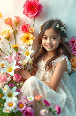 A stunning visual of aesthetic flowers arranged beautifully, featuring a carefree girl interacting with them