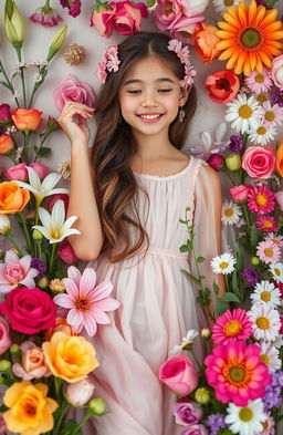 A stunning visual of aesthetic flowers arranged beautifully, featuring a carefree girl interacting with them