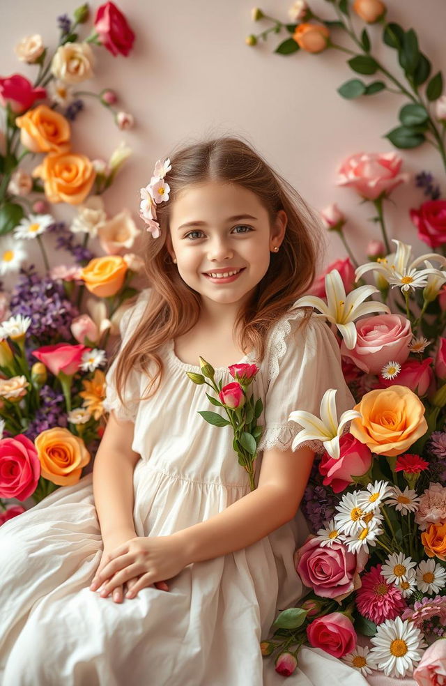 A stunning visual of aesthetic flowers arranged beautifully, featuring a carefree girl interacting with them