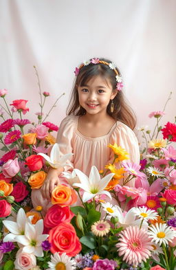 A stunning visual of aesthetic flowers arranged beautifully, featuring a carefree girl interacting with them