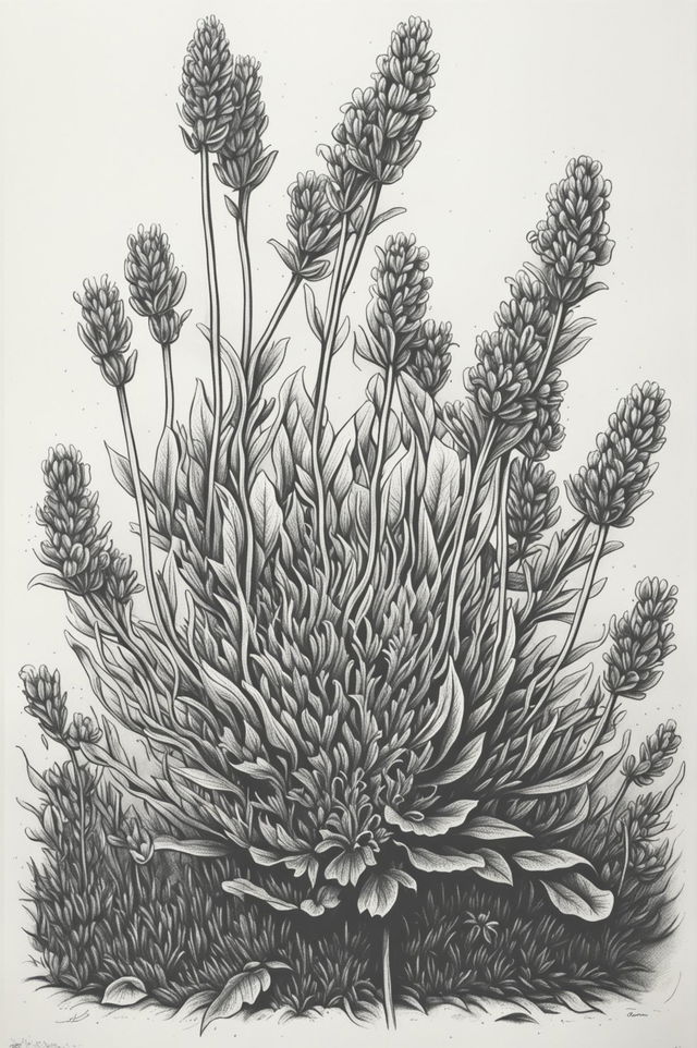 A high-quality pencil drawing of a lavender plant, featuring intricate detail