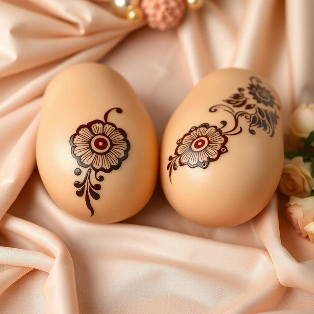 A beautifully crafted mehendi (henna) design intricately applied on a pair of artistic representations of women's breasts