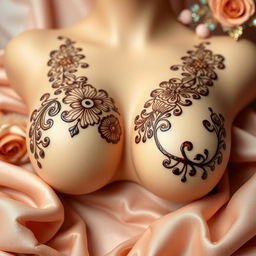 A beautifully crafted mehendi (henna) design intricately applied on a pair of artistic representations of women's breasts