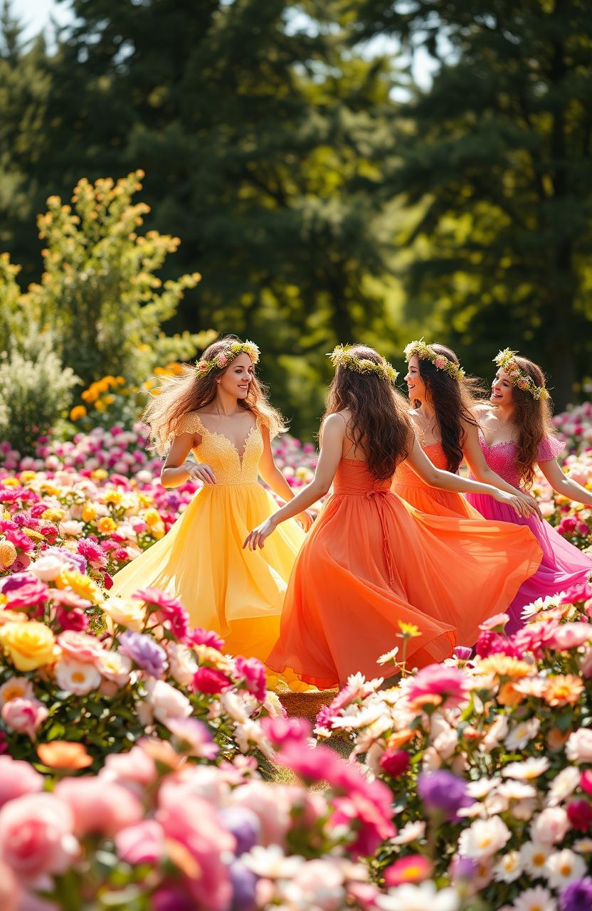 A breathtaking scene featuring an array of aesthetic flowers in full bloom, including roses, peonies, and daisies, cascading in vibrant colors such as pink, yellow, and purple