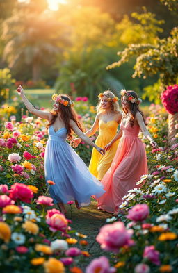 A breathtaking scene featuring an array of aesthetic flowers in full bloom, including roses, peonies, and daisies, cascading in vibrant colors such as pink, yellow, and purple