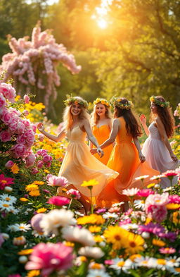 A breathtaking scene featuring an array of aesthetic flowers in full bloom, including roses, peonies, and daisies, cascading in vibrant colors such as pink, yellow, and purple