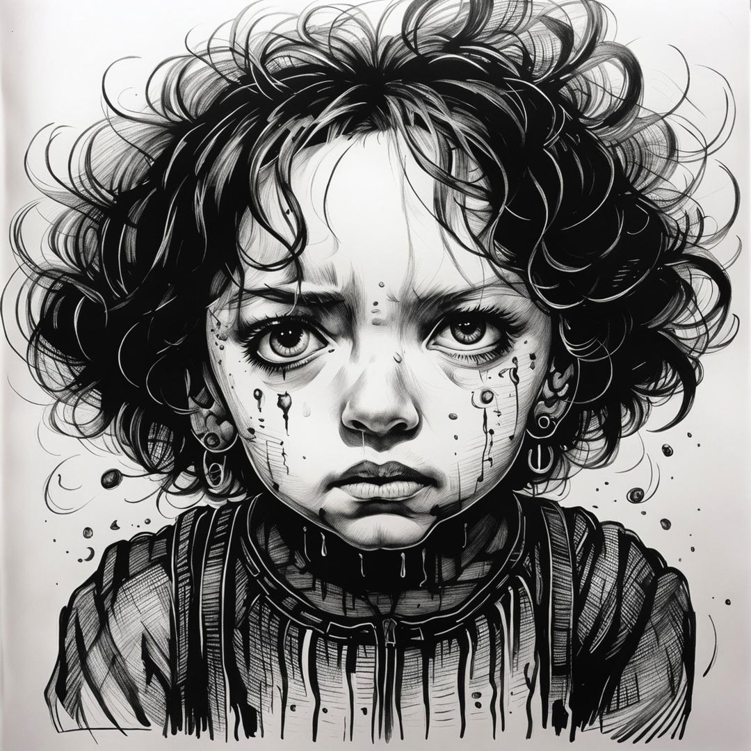 A highly detailed black and white pen drawing of a little girl crying