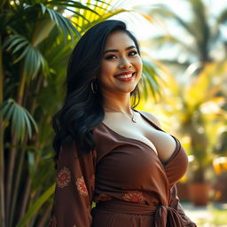 A beautiful woman with very large breasts, representing a flirtatious and confident Filipina Christian pastor