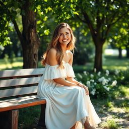 A serene scene featuring a beautiful, smiling woman in a flowing summer dress, with long, wavy hair gently catching the light