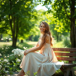A serene scene featuring a beautiful, smiling woman in a flowing summer dress, with long, wavy hair gently catching the light