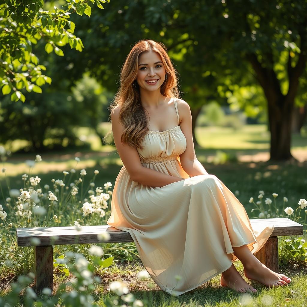 A serene scene featuring a beautiful, smiling woman in a flowing summer dress, with long, wavy hair gently catching the light