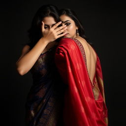 An intriguing and sensual portrayal featuring a sexy woman in a richly decorated saree, her hand forcefully smothering another woman in a saree from behind