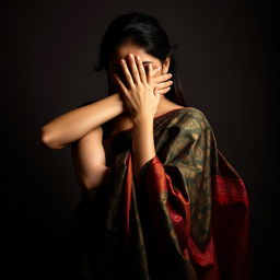 An intriguing and sensual portrayal featuring a sexy woman in a richly decorated saree, her hand forcefully smothering another woman in a saree from behind