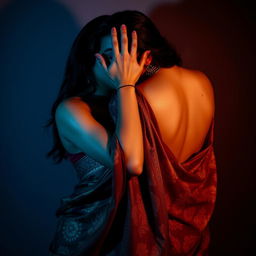 An intriguing and sensual portrayal featuring a sexy woman in a richly decorated saree, her hand forcefully smothering another woman in a saree from behind